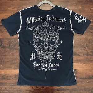 Affliction Chaos Trademark Live Fast T Shirt Gothic Skull Thick Stitch 2 Sided L